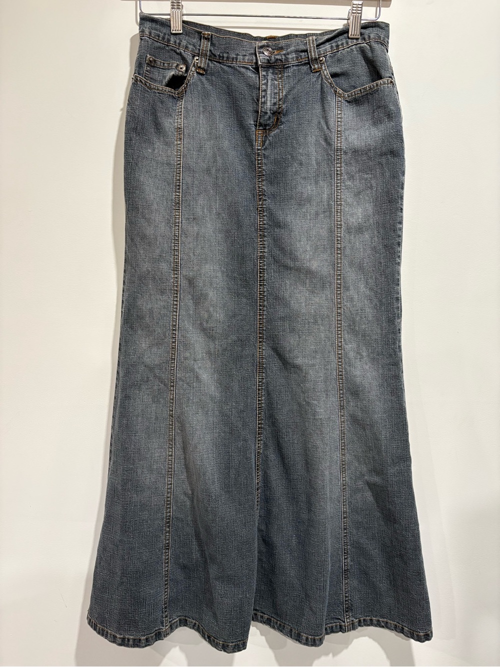 Y2K Vintage Gasoline Dark Wash Paneled Denim Maxi Skirt Size 28 Mermaid Flare